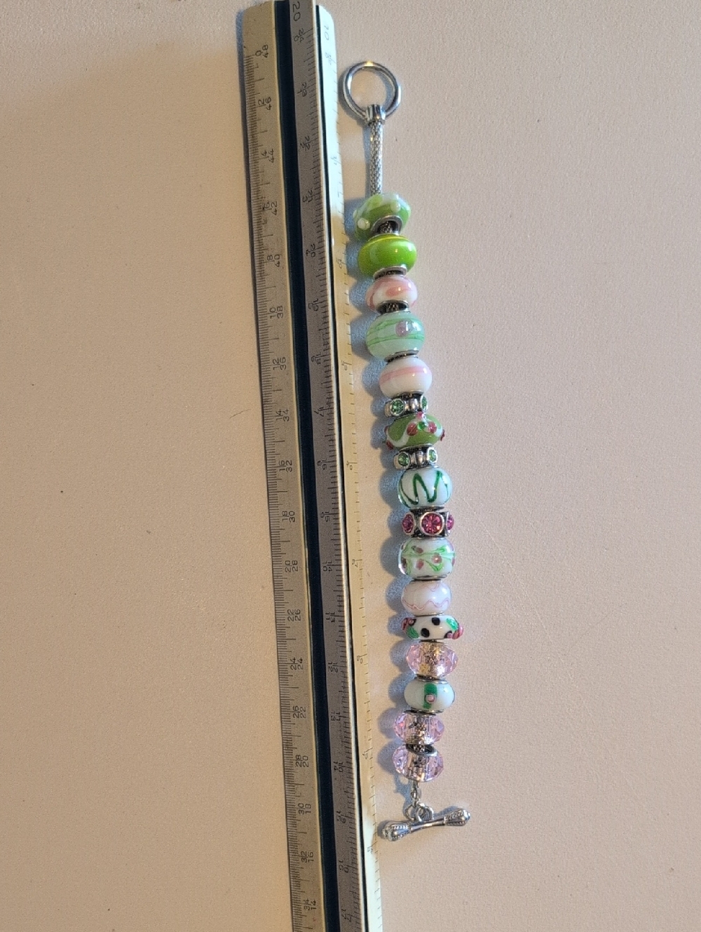 Green and Pink Glass Charm Bracelet with Silver Toggle - Women Jewelry